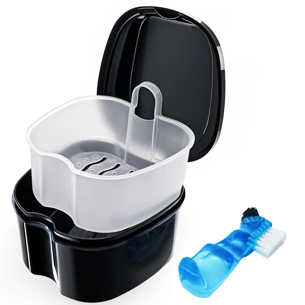 Keedolla Black Denture Soaking Container Partial Denture Case, Orthodontic Retainer Cleaning Case Denture Cleaner Container Dentures Teeth Cup With Strainer A