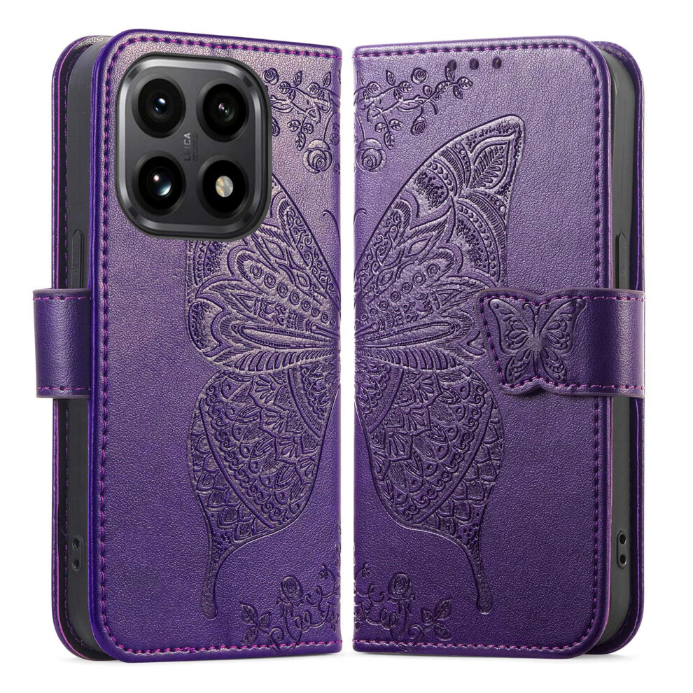 (Dark ) For Xiaomi 15T Case With Strap Butterfly Pattern Pu Leather Wallet Phone Cover Purple 6914298670538