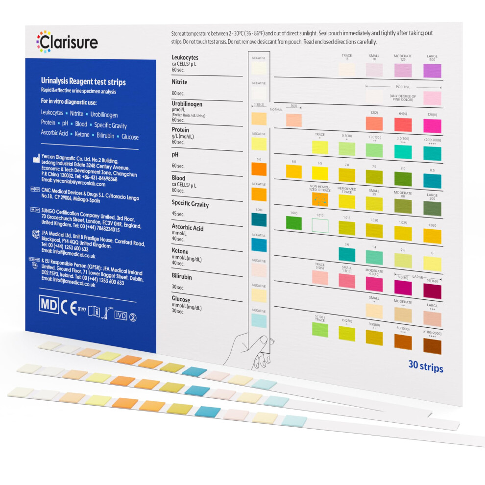 Clarisure Urinalysis Urine Test Strips, 30 Sticks/Dipsticks | 11-Parameter Test