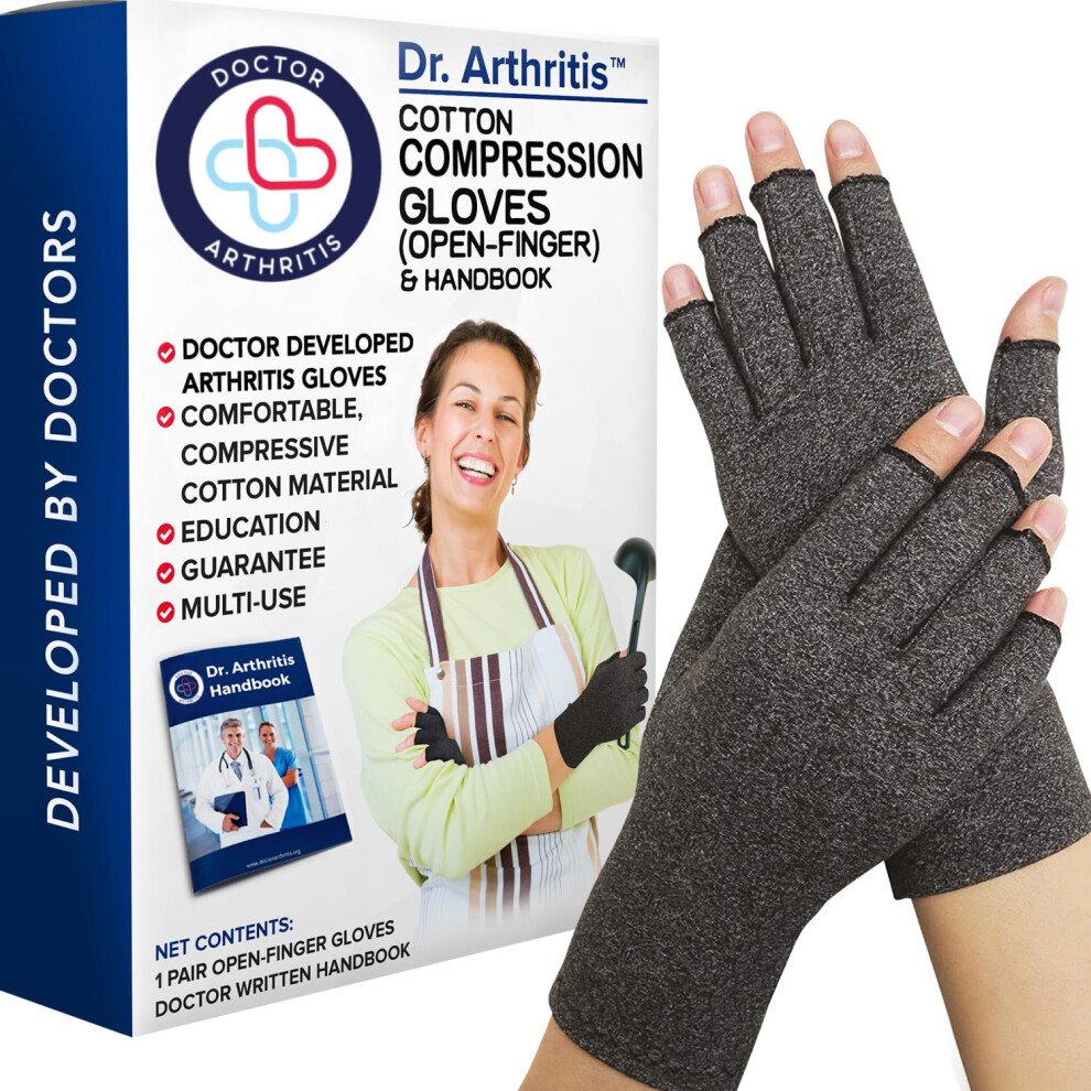 Dr. Arthritis Doctor Developed Compression Gloves & Doctor Handbook - Arthritis Gloves For Women & Men - Carpal Tunnel Relief, Arthritis, Raynauds (Grey, M)
