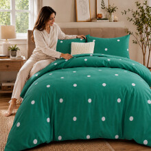 (Double, Polka Dot Green & White) Luxury Floral Printed Duvet Cover Set | Reversible Designer Bedding | Matching Pillowcases | Hotel Quality