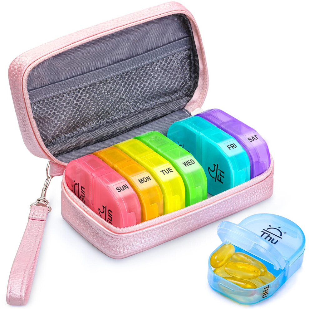 Auvon Weekly Pill Organiser With Pink Pu Leather Bag For Women, Large