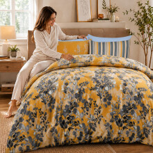 (Double, Ochre Blossom) Luxury Floral Printed Duvet Cover Set | Reversible Designer Bedding | Matching Pillowcases | Hotel Quality