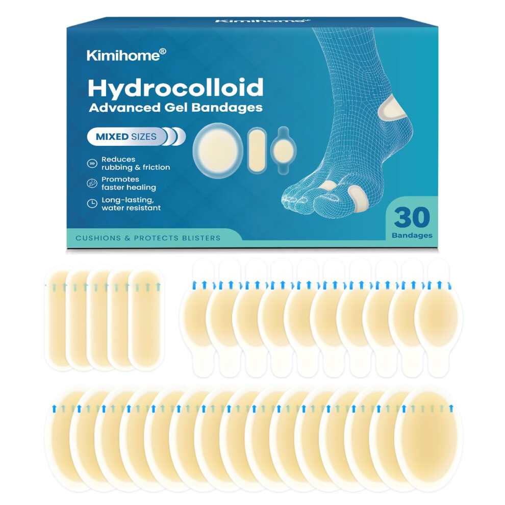 Kimihome Hydrocolloid Blister Bandages For Feet - 30Ct Gel Blister Cushions For Heel, Toe - Blister Prevention For Travel - Water Resistant Bandages Pads(Vari