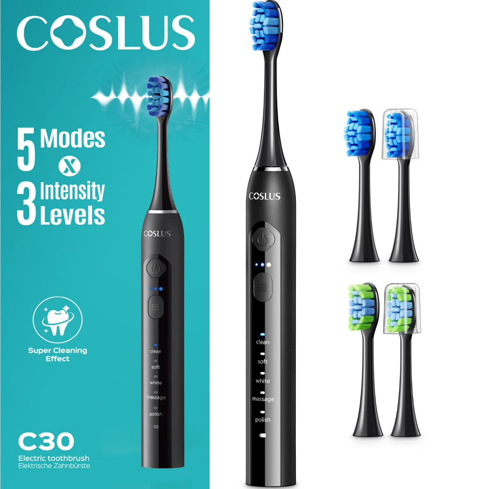 Coslus C30 Sonic Electric Toothbrush For Adults: Deep Teeth Cleaning & Whitening - 5 Modes & 3 Intensity Levels For Sensitive Teeth & Braces, 2 Types
