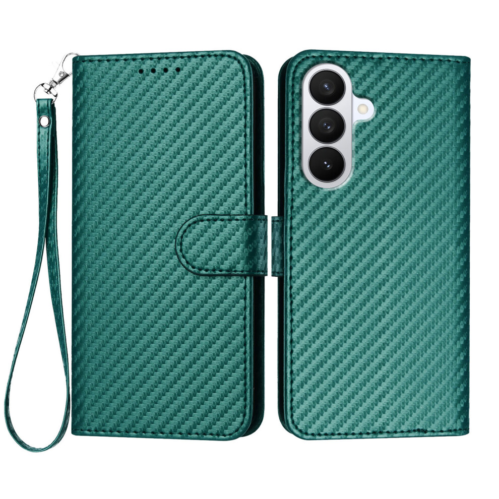 (Blackish ) For Samsung Galaxy S26 Wallet Case With Strap Carbon Fiber Texture Leather Mobile Cover Green 6914297464565