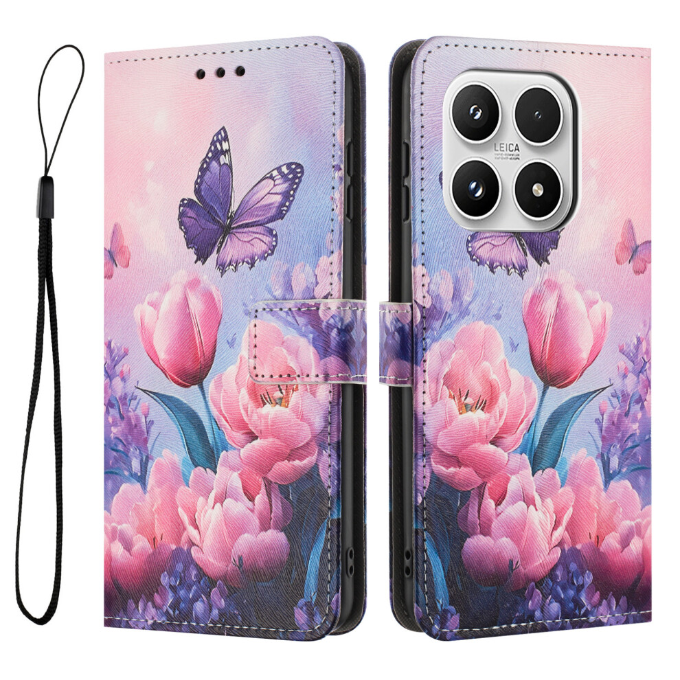 ( Flower Butterfly) For Xiaomi 17 Wallet Case Pattern Printing Pu Leather Phone Cover With Lanyard Pink 6914296046892