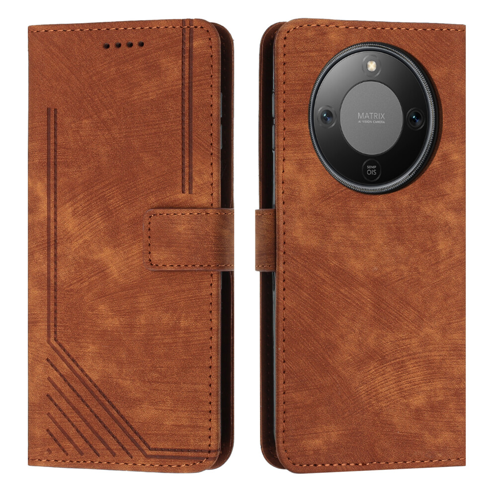 (Brown) For Honor Magic8 Lite 5G / X9d 5G / X70 5G Stand Case Imprinted Lines Leather Phone Cover Brown 6914292161315