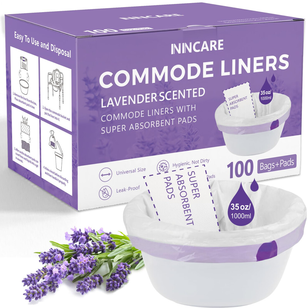 Inincare Lavender Commode Liners With Absorbent Pads For Bedside Commode, 100 Scented Commode Liners And Pads, Potty Bags For Portable Toilet, Potty