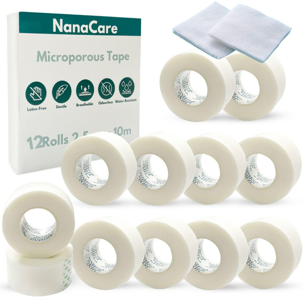 Nanacare Microporous Medical Tape Waterproof, 12 Rolls 2.5Cm X 10M +