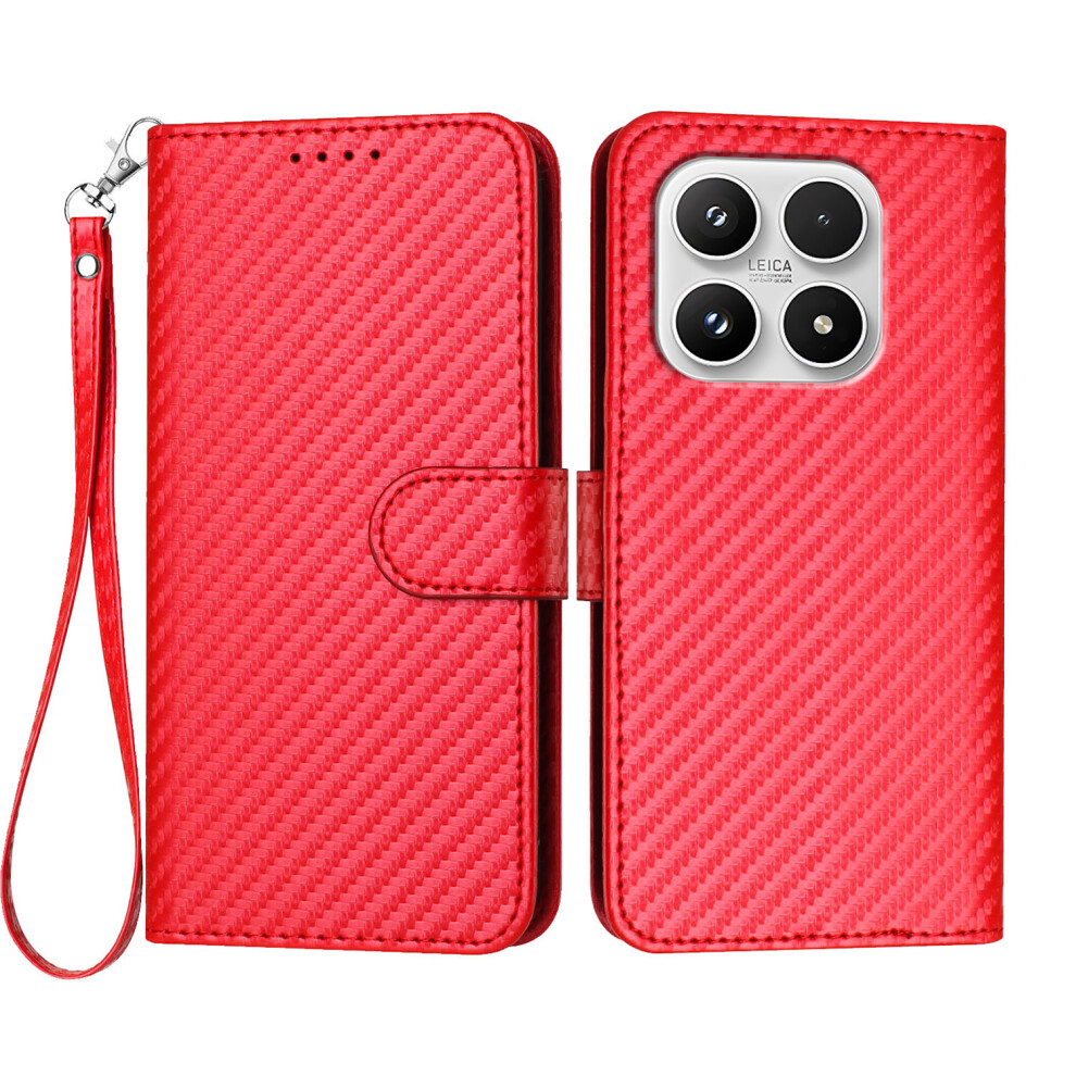 (Red) For Xiaomi 17 Wallet Case With Strap Carbon Fiber Texture Leather Mobile Cover Red 6914291558970