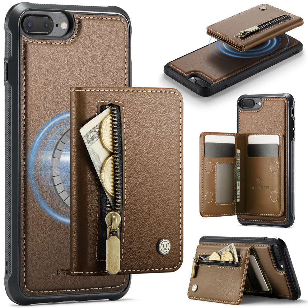 (Brown) Jeehood For Iphone 8 Plus 5.5 Inch / Iphone 7 Plus 5.5 Inch Case J12 Magnetic Detachable Zipper Wallet Kickstand Leathe Brown 6914299464365