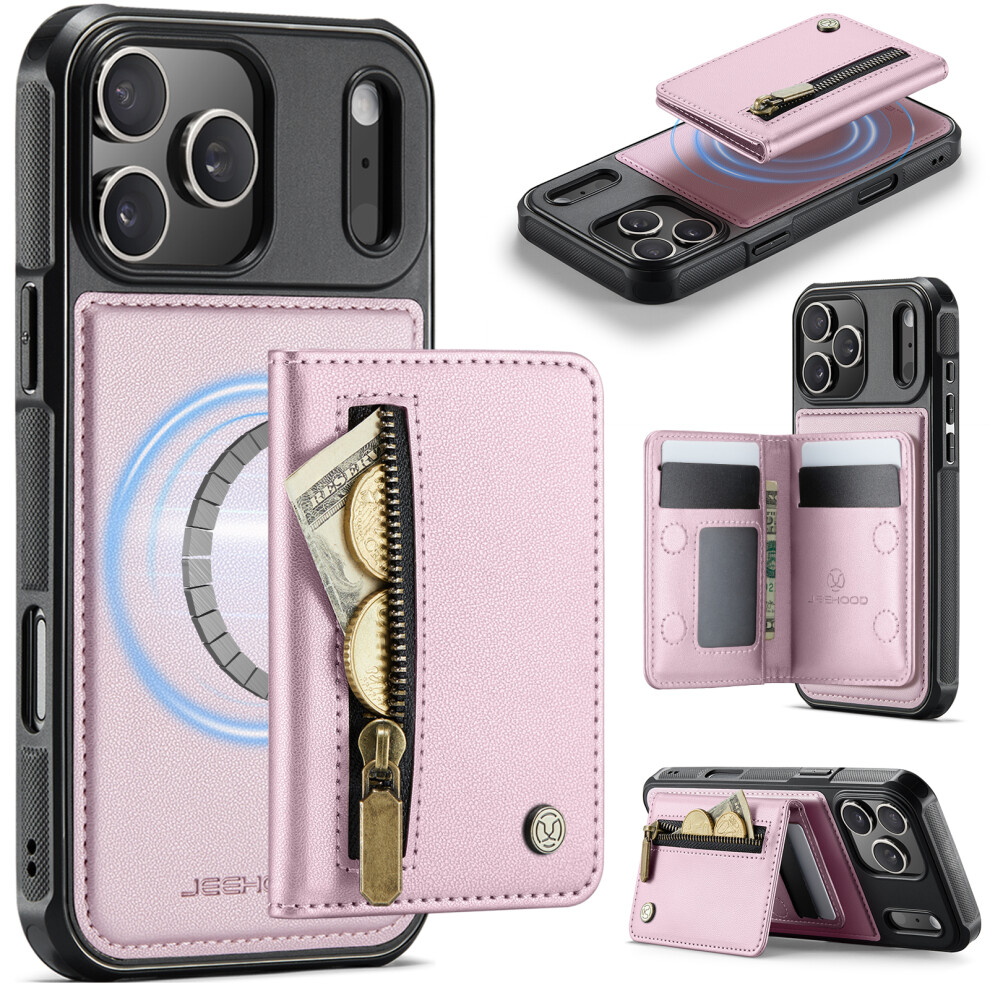 (Pink) Jeehood For Iphone 17 Pro Case J12 Magnetic Detachable Zipper Wallet Kickstand Leather Back Cover Compatible With Mags Pink 6914299481676