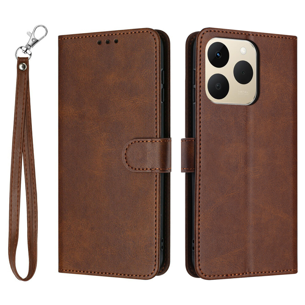 (Brown) For Realme 15T 5G Wallet Case Flip Stand Calf Texture Pu Leather Phone Cover With Strap Brown 6914296677850