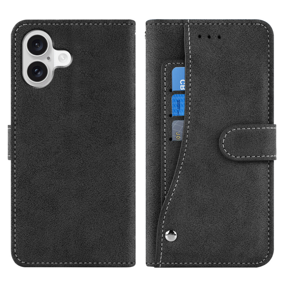 (Black) For Iphone 16 Case Retro Pu Leather Wallet Phone Cover With Rotating Card Slots Holder Black 6914295105842
