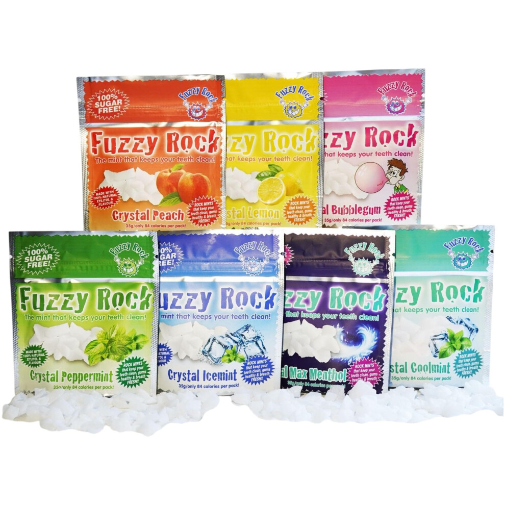 Fuzzy Rock Peach Crystal Mints | 7 Flavours- Coolmint, Icemint, Max Menthol, Peppermint, Lemon, Bubblegum | Sugar Free Breath Freshener For Fresh Br