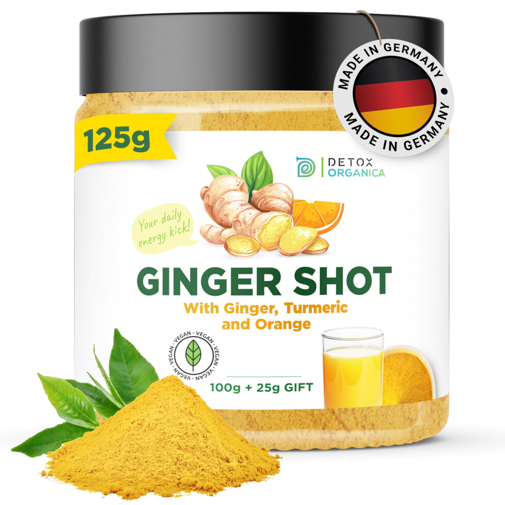 Detox Organica Ginger Shots With Vitamin C-135 Servings - 125G Ginger And Turmeric Shot Powder With Orange, Cayenne Pepper And Zinc-Vegan, With Natural Ingredients