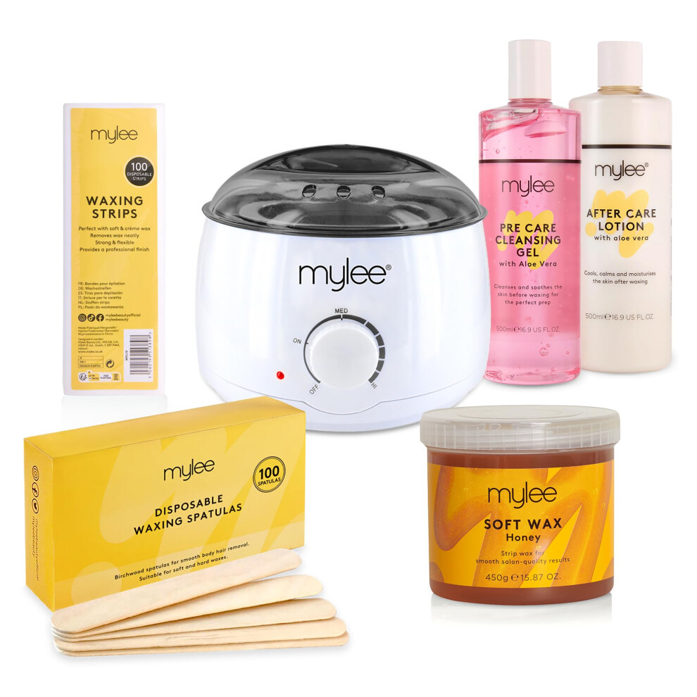 Mylee Cream Complete Waxing Kit, Includes Salon Quality Wax Heater, Soft Wax, Waxing Strips, Spatulas And Pre & After Care Lotion (Honey)