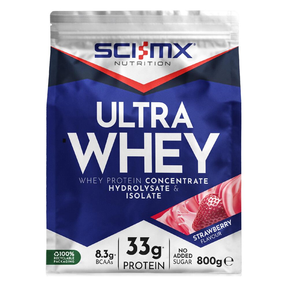 Sci-Mx Ultra Whey Protein Muscle Building & Recovery Protein Powder With Naturally Occurring Glutamine & Amino Acids - Strawberry Flavour - 800G - 18