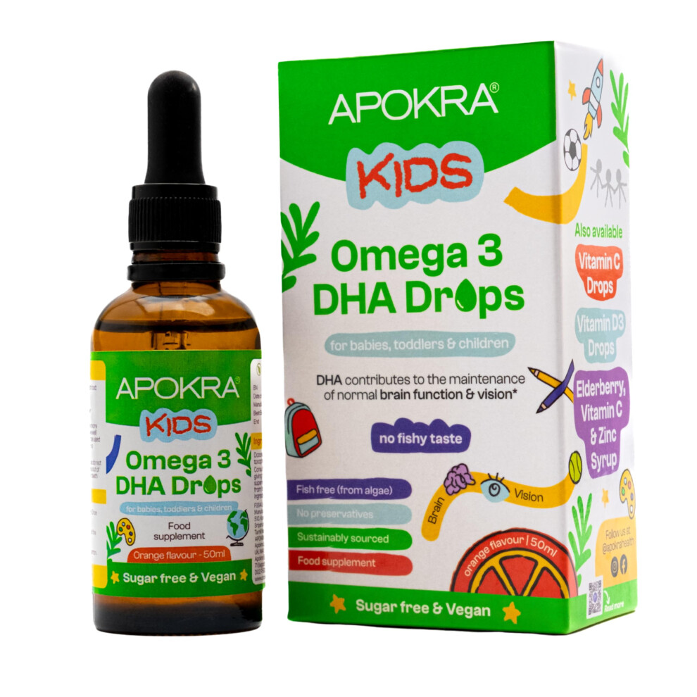Apokra Kids Omega 3 Vegan Dha Drops | Liquid Algae Oil Omega-3 For Children | Plant-Based Fish Oil Supplements Alternative | No Fishy Taste, Sugar &