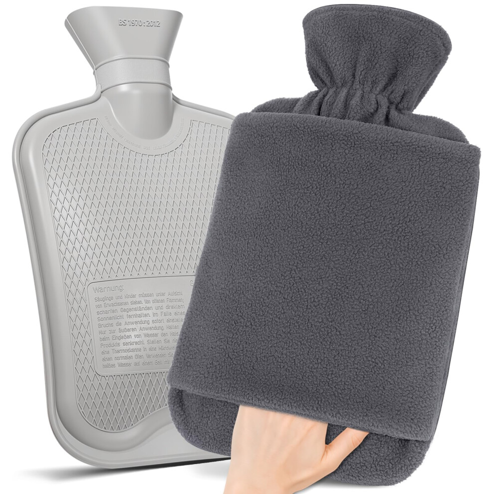 Mupas Hot Water Bottle With Fleece Cover - 2L Large Leakproof Hot Water Bag - Soft Hot Water Bottle With Hand Pocket - For Hands, Feet, Shoulders, Ne