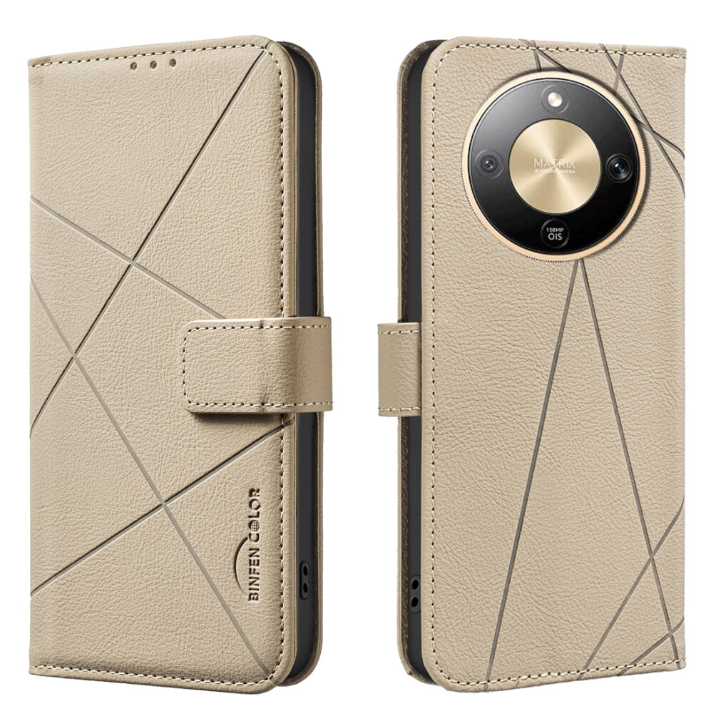 (Beige) Binfen Color For Honor Magic8 Lite 5G / X9d 5G / X70 5G Case Bf35 Geometry Imprinted Leather Phone Cover Rfid Blocking Cream 6914290359738