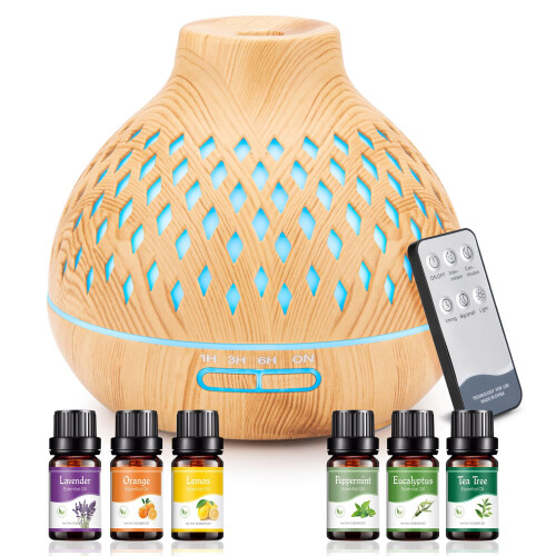 SPLITSKY 400ML Essential Oil Diffuser,Remote Control Aroma Diffuser with 6 Essential Oils Gift Set,Electric Scent Nebulizer Air Humidifier with 14 Co