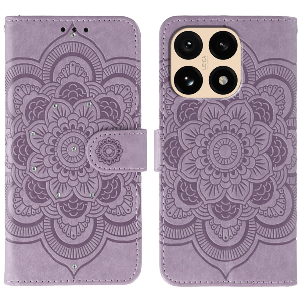 (Purple) For Xiaomi 15T Case Rhinestone Decor Pu Leather Mandala Imprint Phone Cover With Wrist Strap Purple 6914299454632