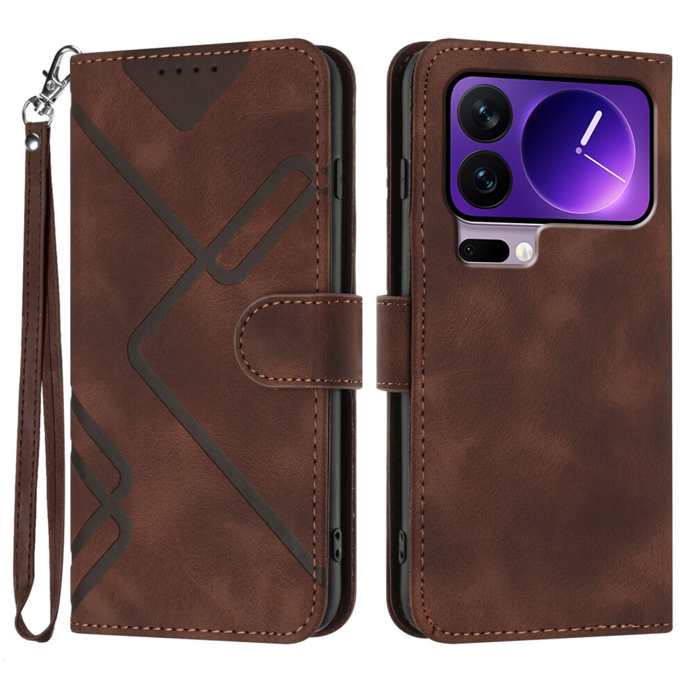 (Brown) For Xiaomi 17 Pro Wallet Case Line Imprinted Pu Leather Phone Cover With Strap Brown 6914296480153