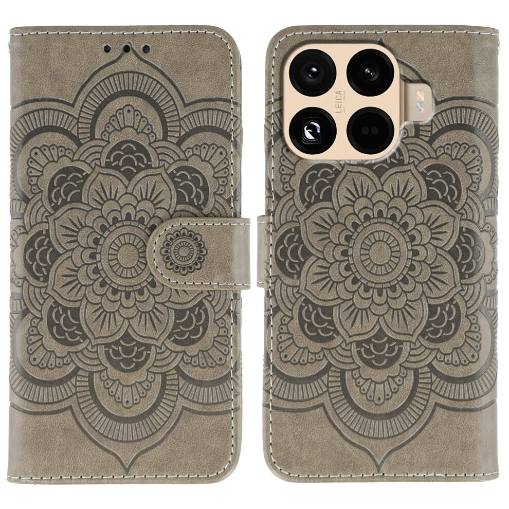 (Grey) For Xiaomi 15T Pro Case Pu Leather Mandala Imprinted Design Wallet Phone Cover With Wrist Strap Grey 6914291716660