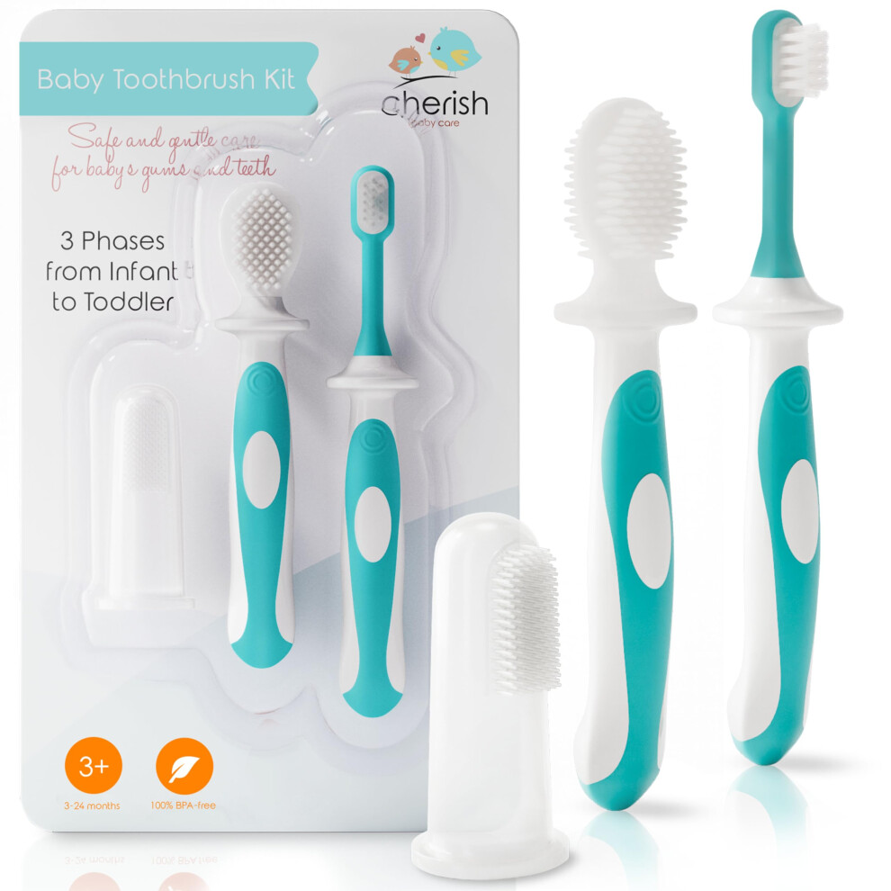 Cherish Baby Care Baby Toothbrush 0-2 Years - Bpa-Free & Safety-Tested Newborn To Toddler Toothbrush Set, 2023 Award Winner, Food-Grade Silicone (Tea