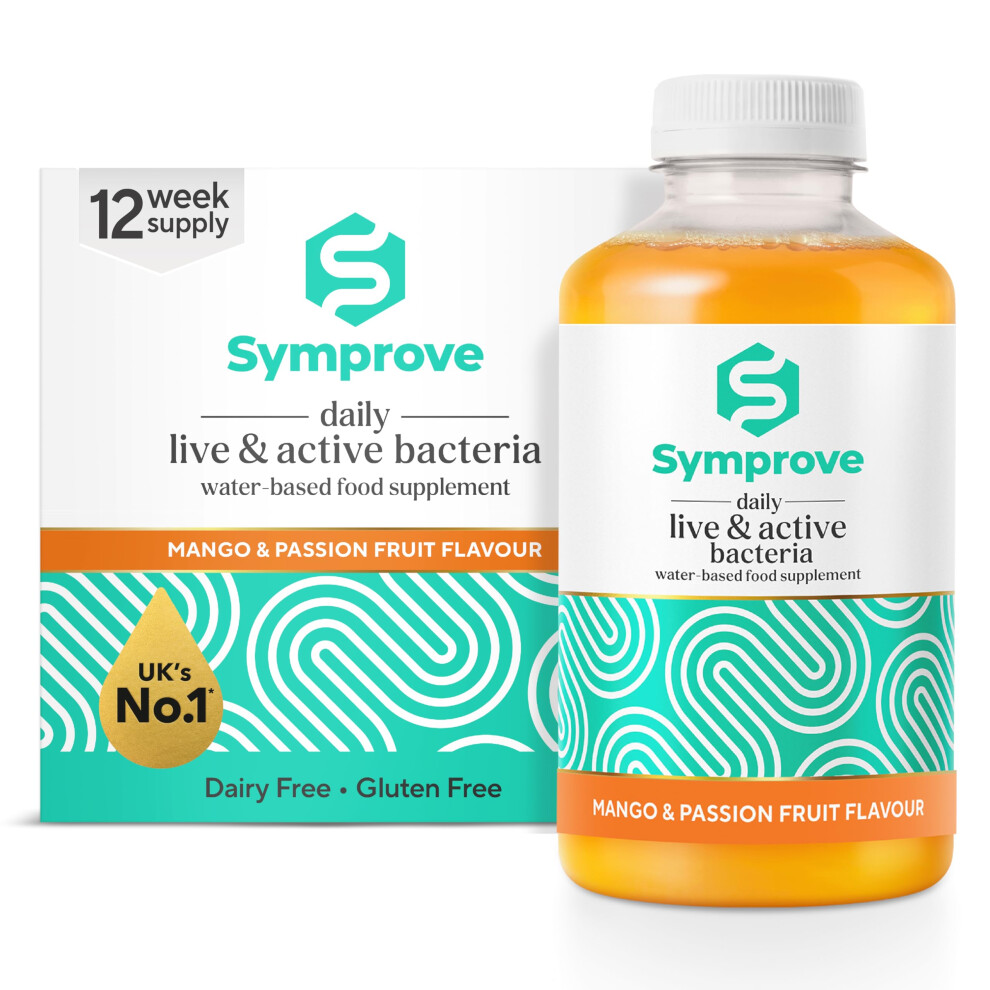 Symprove Liquid Live & Active Bacteria, Mango & Passionfruit Flavour, Water-Based, Dairy & Gluten Free, Vegan (12 X 500Ml)