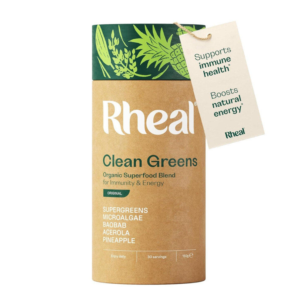 Rheal Clean Greens 150 G, Organic Superfood Greens Powder For Daily Energy & Immunity Support Â Certified Organic With Spirulina, Moringa & Wheatgra