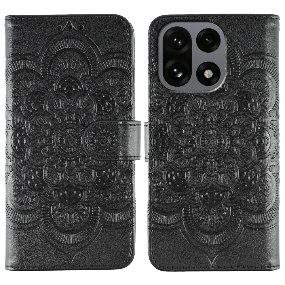 (Black) For Oneplus 15 5G Case Pu Leather Mandala Imprinted Design Wallet Phone Cover With Wrist Strap Black 6914295724371