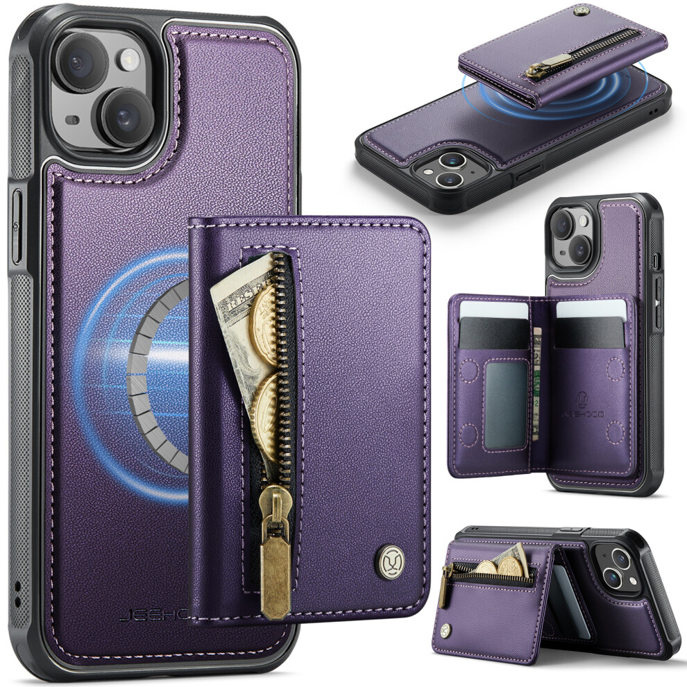 (Purple) Jeehood For Iphone 15 Case J12 Magnetic Detachable Zipper Wallet Kickstand Leather Back Cover Compatible With Magsafe Purple 6914297111377