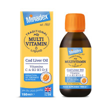 Minadex Multivitamin Liquid with Cod Liver Oil for Adults & Kids, Delicious Orange Flavour, Vitamins C, A, B2, B3, D, E & Omega-3, Boost Energy & Red