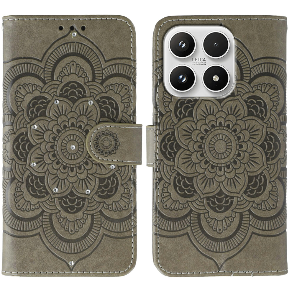 (Grey) For Xiaomi 17 Case Rhinestone Decor Pu Leather Mandala Imprint Phone Cover With Wrist Strap Grey 6914291345105