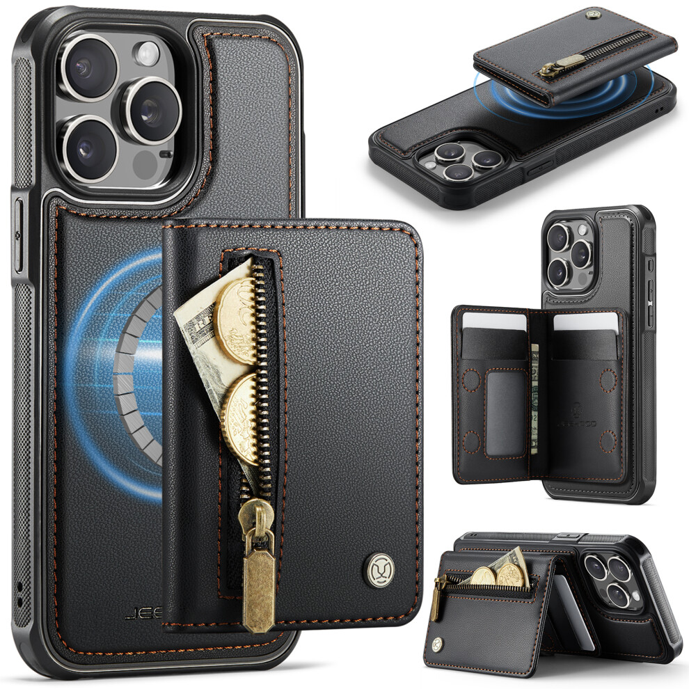 (Black) Jeehood For Iphone 14 Pro Case J12 Magnetic Detachable Zipper Wallet Kickstand Leather Back Cover Compatible With Mags Black 6914297577623