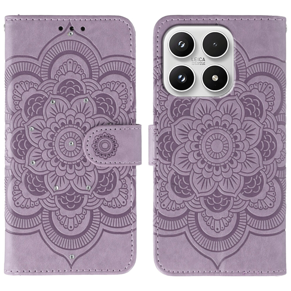(Purple) For Xiaomi 17 Case Rhinestone Decor Pu Leather Mandala Imprint Phone Cover With Wrist Strap Purple 6914299393252