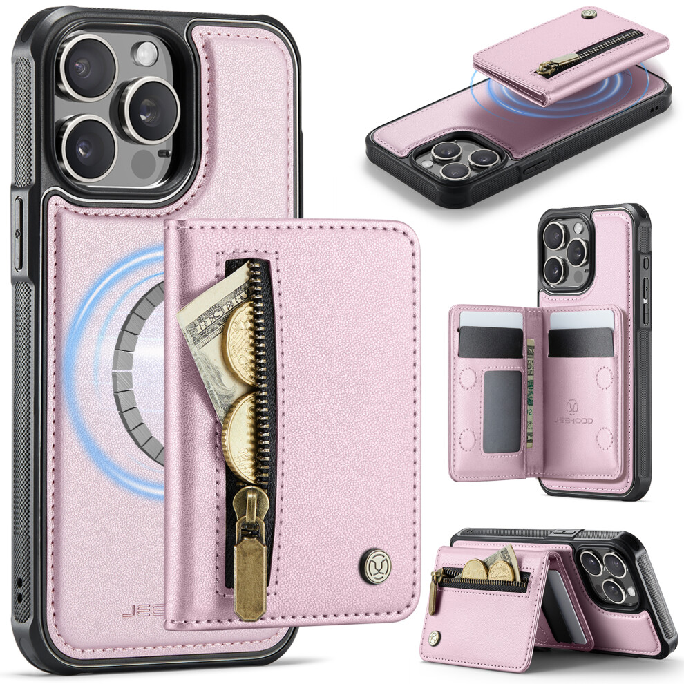 (Pink) Jeehood For Iphone 14 Pro Case J12 Magnetic Detachable Zipper Wallet Kickstand Leather Back Cover Compatible With Mags Pink 6914293946560