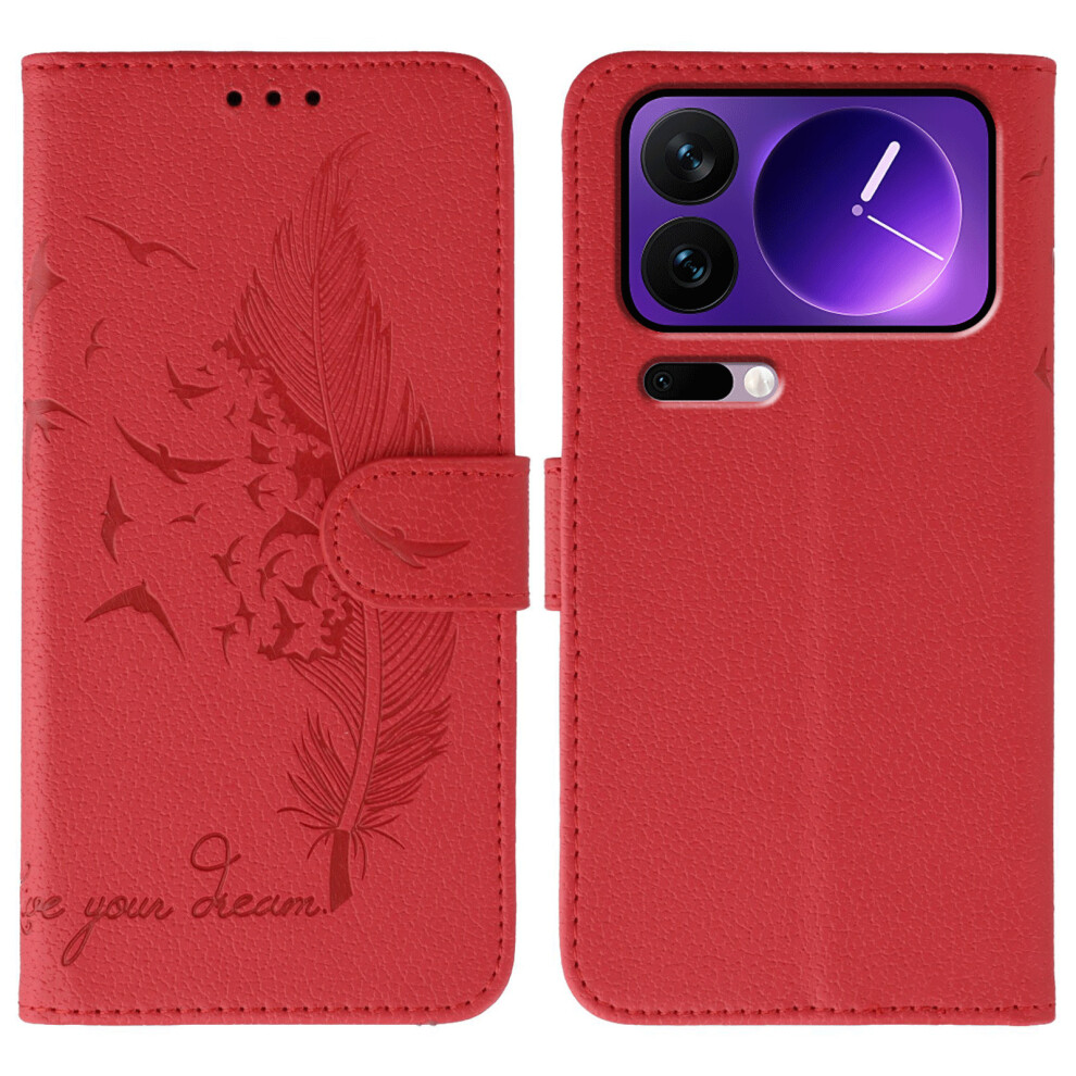 (Red) For Xiaomi 17 Pro Case Feather Imprint Pu Leather Wallet Phone Cover Red 6914298869086
