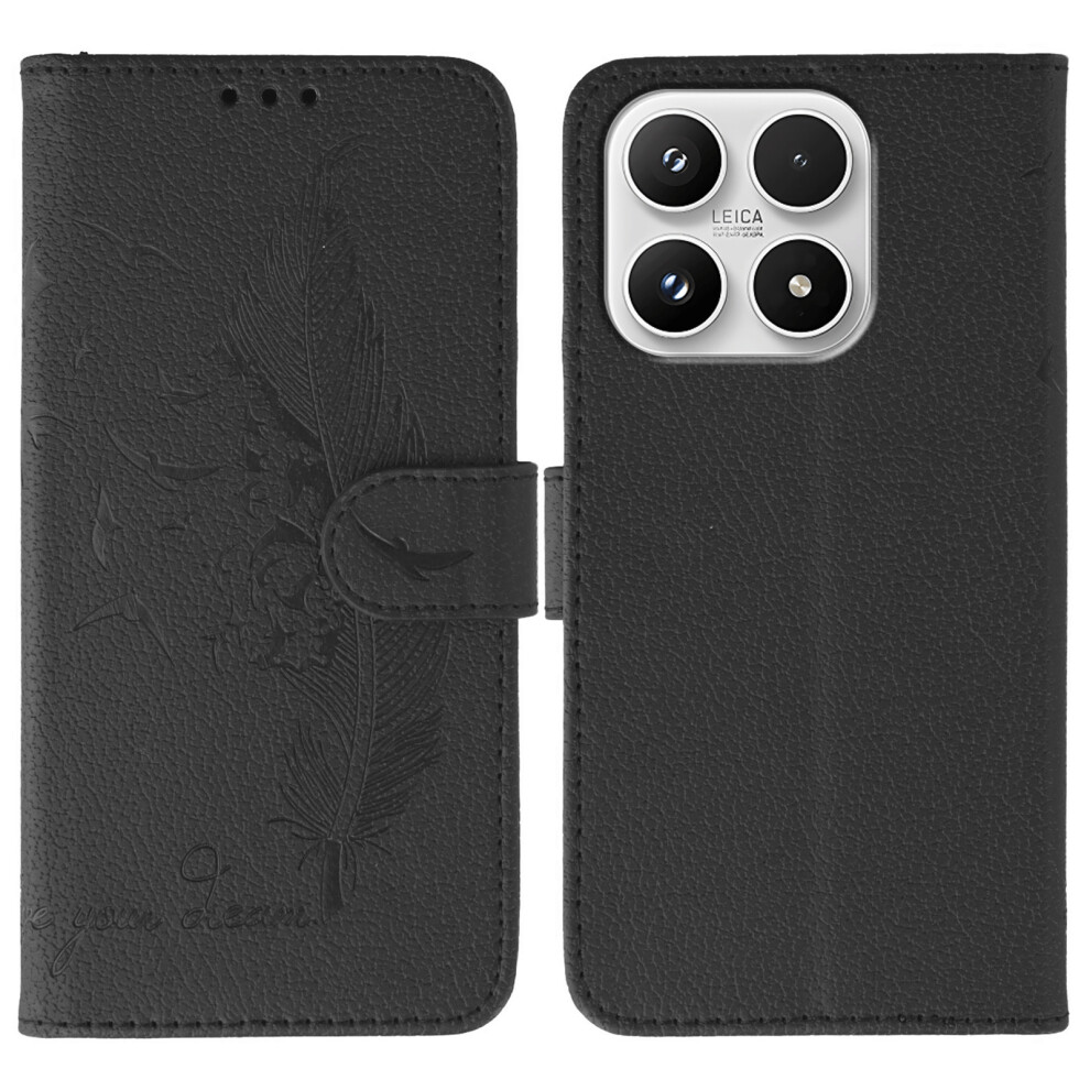 (Black) For Xiaomi 17 Case Feather Imprint Pu Leather Wallet Phone Cover Black 6914299838708