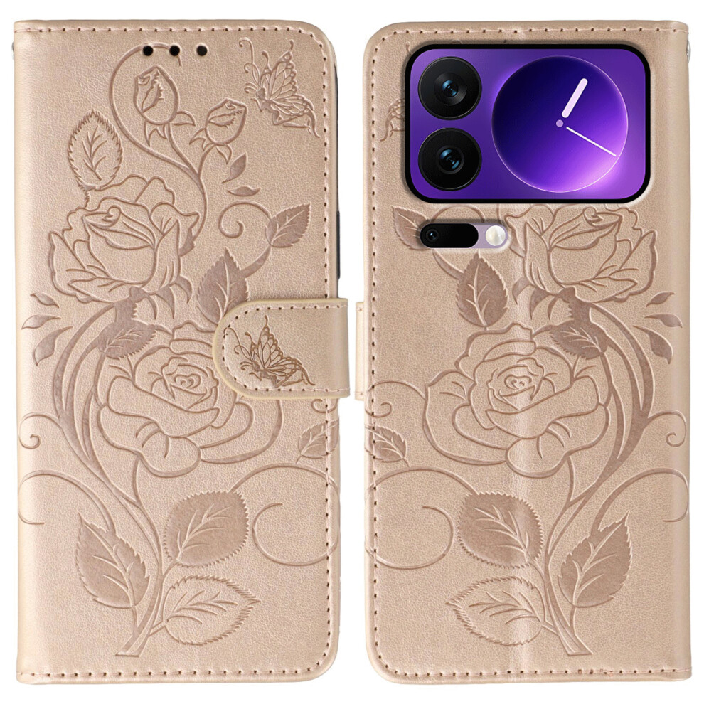 (Rose ) For Xiaomi 17 Pro Case Wallet Stand Imprinted Rose Butterfly Pu Leather Phone Cover Gold 6914296305142