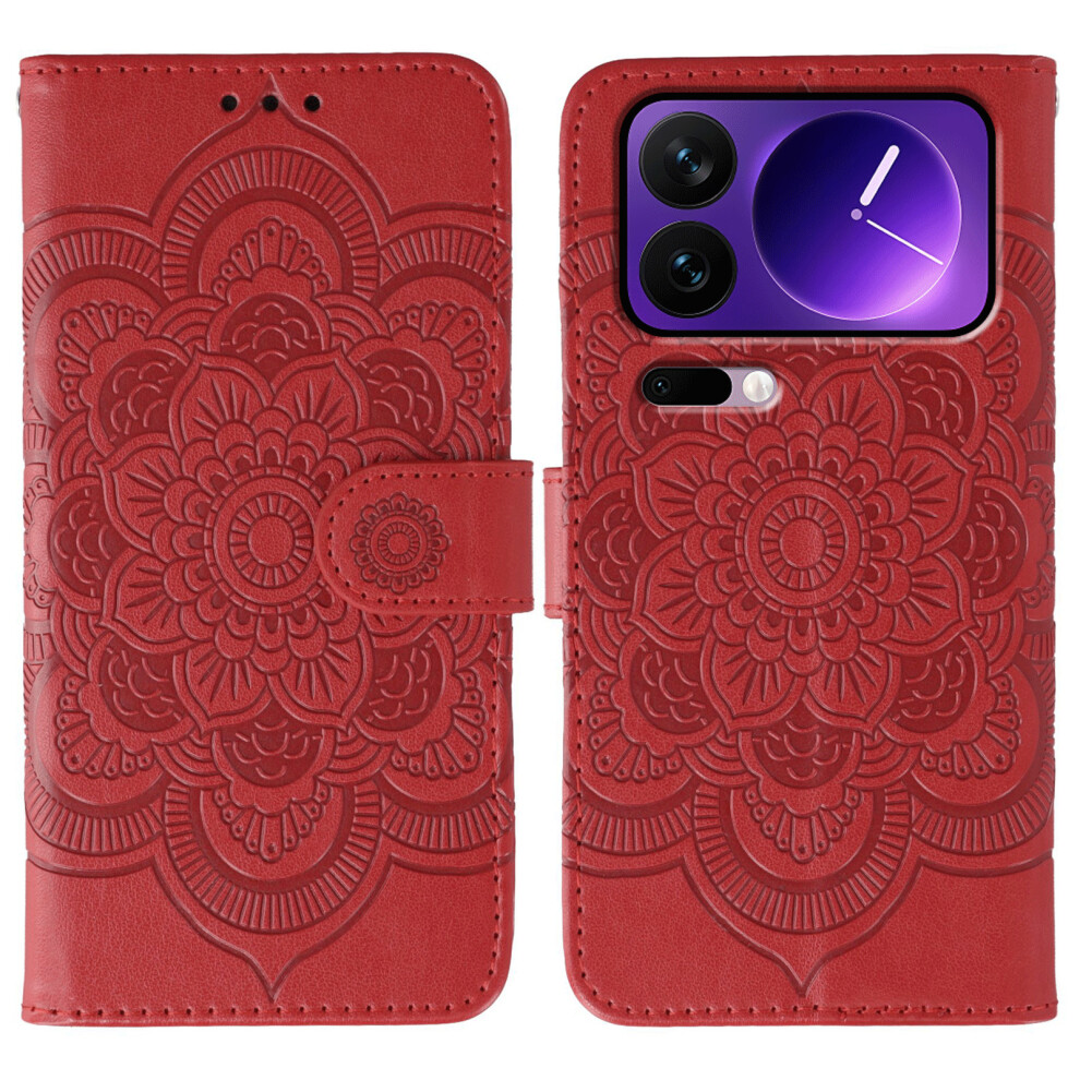 (Red) For Xiaomi 17 Pro Case Pu Leather Mandala Imprinted Design Wallet Phone Cover With Wrist Strap Red 6914294583702