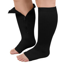 PUTUO Plus Size Compression Socks: Wide Calf Zip Flight Sock Women Men Extra Large Graduated Open Toe Support Stockings for Travel Black 6XL 1Pairs