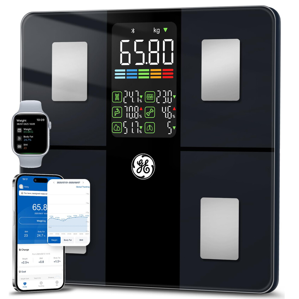 Ge Weight Scale Smart For Body, Body Fat Weighing Scales Bathroom With Bmi Muscle Mass 14 Body Composition Metrics With Large Display Accurate Blueto