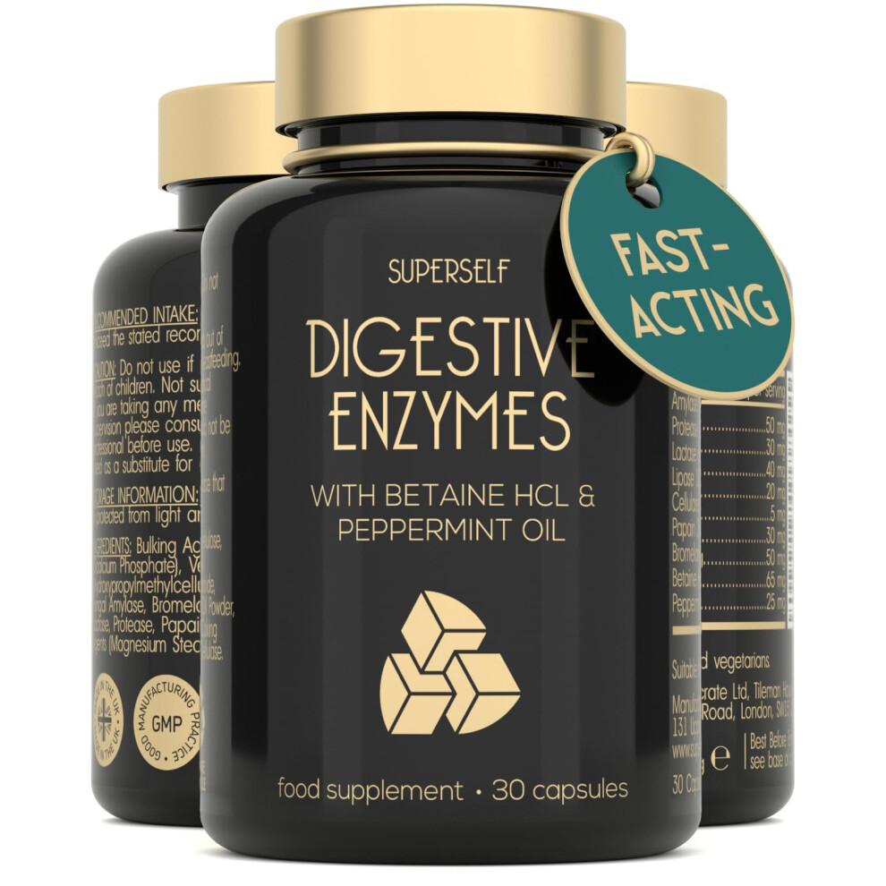 Superself Digestive Enzyme Supplements With Betaine Hcl - 7 Digestive Enzymes For Gut Health & Support With Lactase, Bromelain, Lipase & Peppermint Oil - 30 Ca