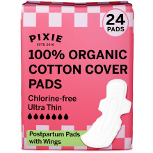 Pixie Cup Organic Cotton Postpartum Pads for Women - Extra Heavy Absorbency with Wings - Leak-Proof, Hypoallergenic & Unscented - Compostable, Biodeg