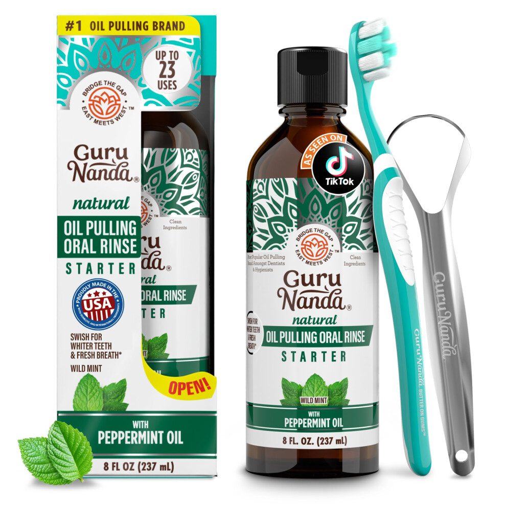 Gurunanda Starter Pulling Oil Mouthwash For Natural Teeth Whitening, Coconut And Peppermint Oil For Fresh Breath & Happy Gums, With Toothbrush & Tong