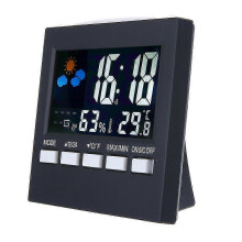 Orologio digitale meteo a colori con termometro, igrometro e calendario con sveglia.